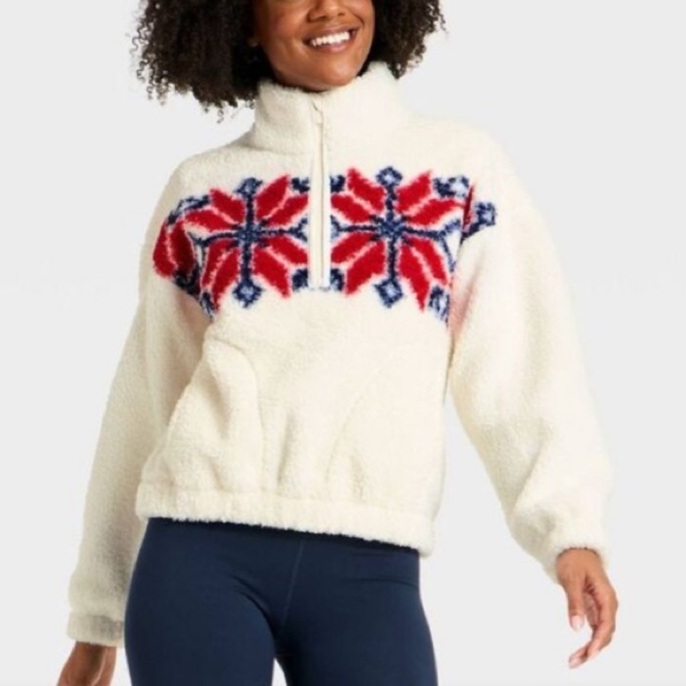 All In Motion - Women's High Pile Fleece 1/2 Zip Pullov Cream/Red/Blue Large